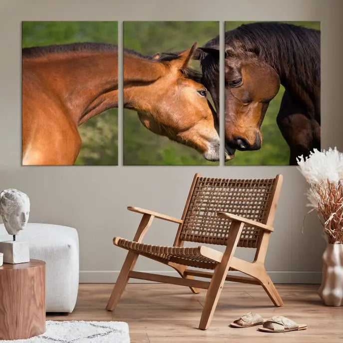 The "Adorable Horse Love Wall Art Animal Canvas Print," a triptych museum-quality canvas, graces the wall, depicting two horses nuzzling. This artwork is ready to hang and includes a UV-protective coating for lasting beauty.