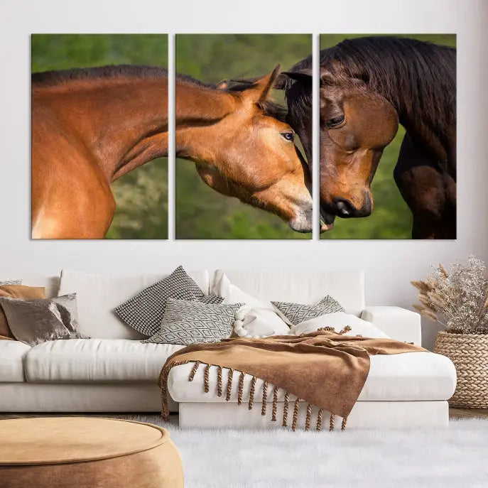 The "Adorable Horse Love Wall Art Animal Canvas Print," a triptych museum-quality canvas, graces the wall, depicting two horses nuzzling. This artwork is ready to hang and includes a UV-protective coating for lasting beauty.