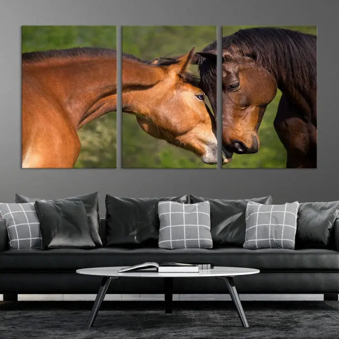 The "Adorable Horse Love Wall Art Animal Canvas Print," a triptych museum-quality canvas, graces the wall, depicting two horses nuzzling. This artwork is ready to hang and includes a UV-protective coating for lasting beauty.