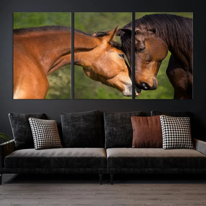 The "Adorable Horse Love Wall Art Animal Canvas Print," a triptych museum-quality canvas, graces the wall, depicting two horses nuzzling. This artwork is ready to hang and includes a UV-protective coating for lasting beauty.