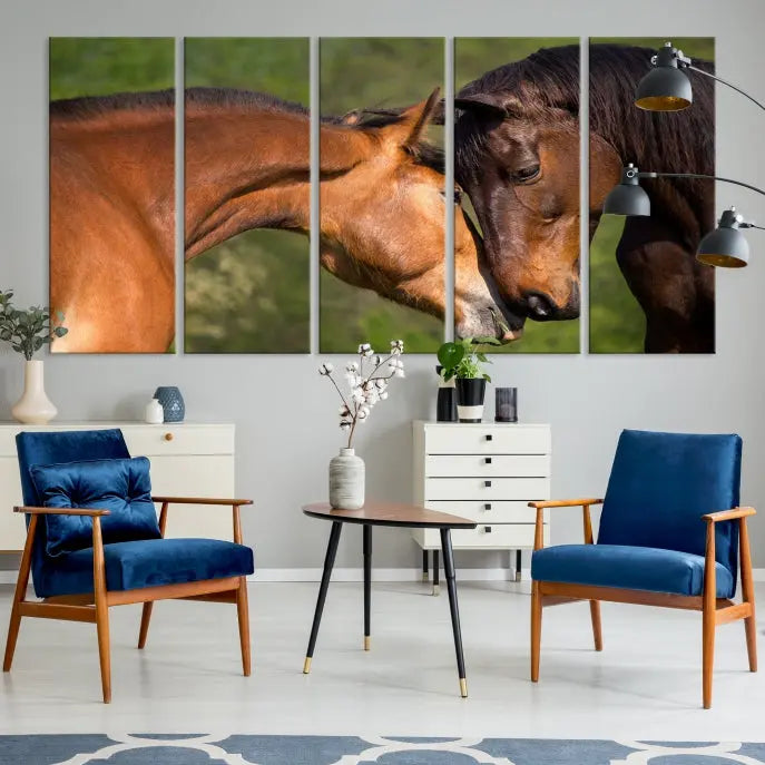 The "Adorable Horse Love Wall Art Animal Canvas Print," a triptych museum-quality canvas, graces the wall, depicting two horses nuzzling. This artwork is ready to hang and includes a UV-protective coating for lasting beauty.