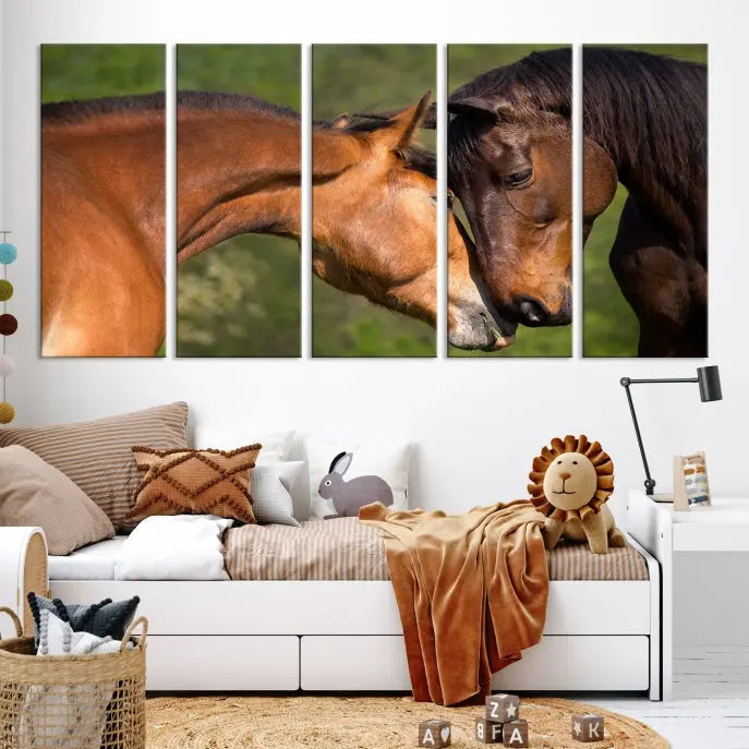 The "Adorable Horse Love Wall Art Animal Canvas Print," a triptych museum-quality canvas, graces the wall, depicting two horses nuzzling. This artwork is ready to hang and includes a UV-protective coating for lasting beauty.