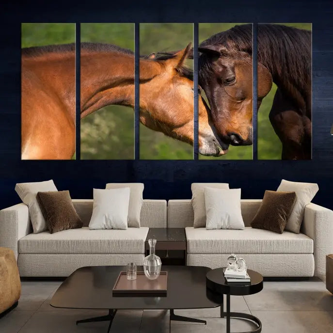 The "Adorable Horse Love Wall Art Animal Canvas Print," a triptych museum-quality canvas, graces the wall, depicting two horses nuzzling. This artwork is ready to hang and includes a UV-protective coating for lasting beauty.