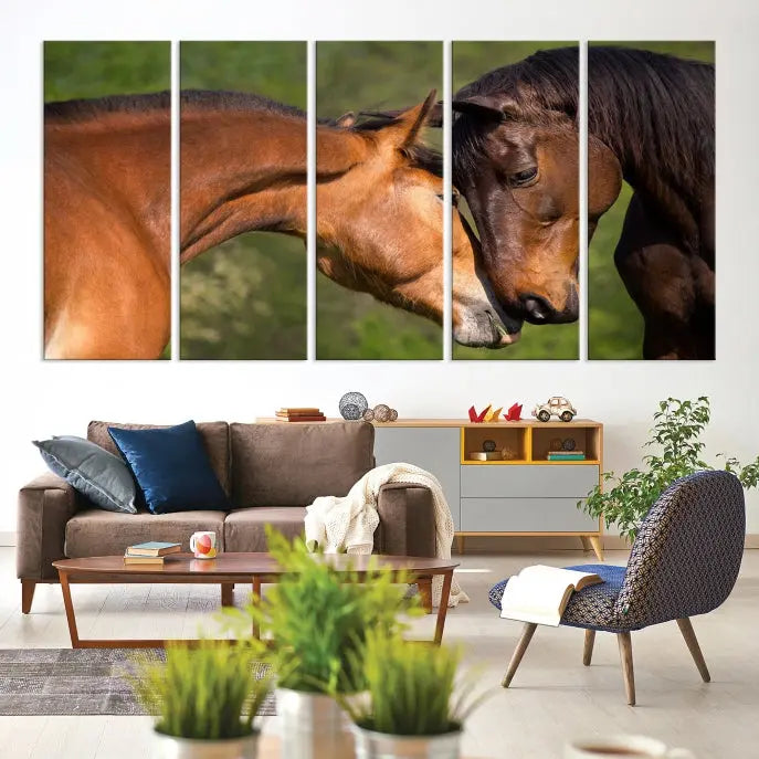 The "Adorable Horse Love Wall Art Animal Canvas Print," a triptych museum-quality canvas, graces the wall, depicting two horses nuzzling. This artwork is ready to hang and includes a UV-protective coating for lasting beauty.