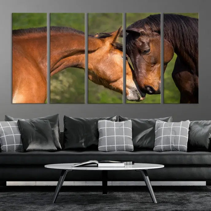 The "Adorable Horse Love Wall Art Animal Canvas Print," a triptych museum-quality canvas, graces the wall, depicting two horses nuzzling. This artwork is ready to hang and includes a UV-protective coating for lasting beauty.