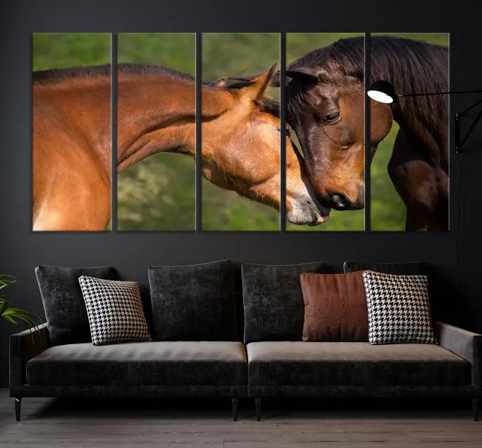 The "Adorable Horse Love Wall Art Animal Canvas Print," a triptych museum-quality canvas, graces the wall, depicting two horses nuzzling. This artwork is ready to hang and includes a UV-protective coating for lasting beauty.