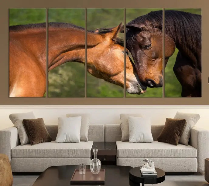 The "Adorable Horse Love Wall Art Animal Canvas Print," a triptych museum-quality canvas, graces the wall, depicting two horses nuzzling. This artwork is ready to hang and includes a UV-protective coating for lasting beauty.