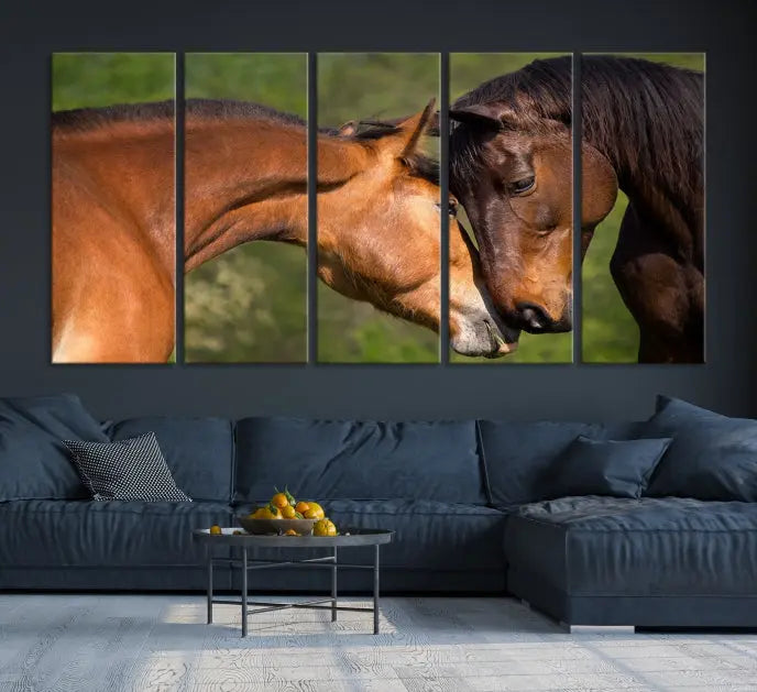 The "Adorable Horse Love Wall Art Animal Canvas Print," a triptych museum-quality canvas, graces the wall, depicting two horses nuzzling. This artwork is ready to hang and includes a UV-protective coating for lasting beauty.