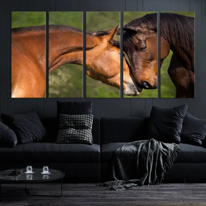 The "Adorable Horse Love Wall Art Animal Canvas Print," a triptych museum-quality canvas, graces the wall, depicting two horses nuzzling. This artwork is ready to hang and includes a UV-protective coating for lasting beauty.