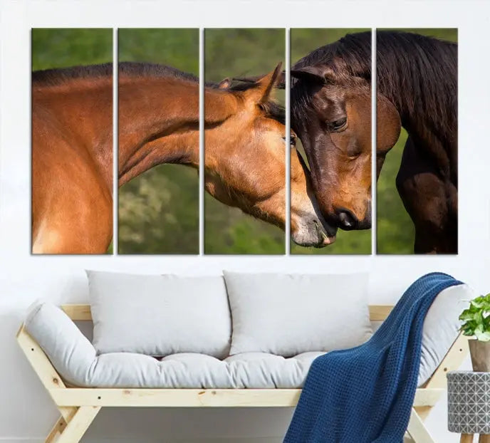 The "Adorable Horse Love Wall Art Animal Canvas Print," a triptych museum-quality canvas, graces the wall, depicting two horses nuzzling. This artwork is ready to hang and includes a UV-protective coating for lasting beauty.