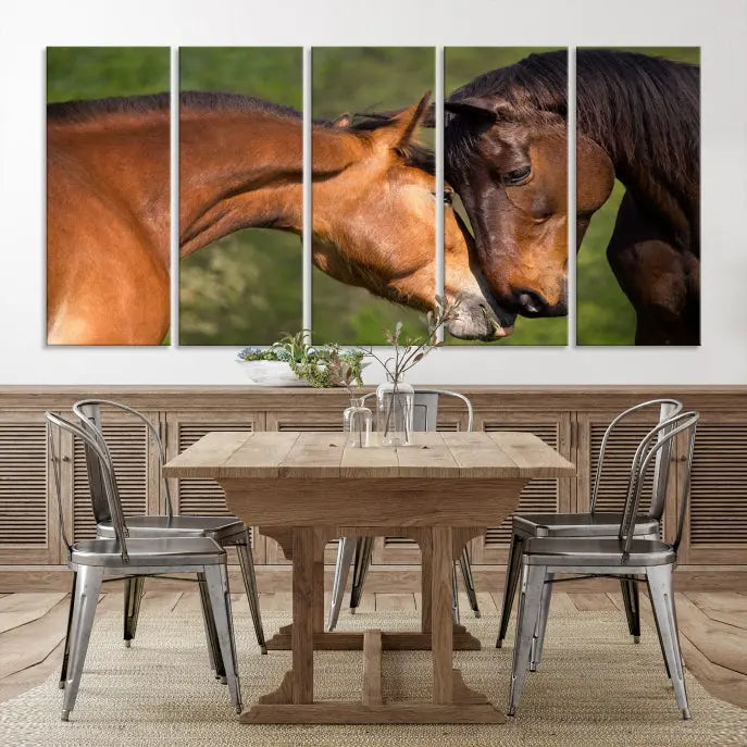 The "Adorable Horse Love Wall Art Animal Canvas Print," a triptych museum-quality canvas, graces the wall, depicting two horses nuzzling. This artwork is ready to hang and includes a UV-protective coating for lasting beauty.