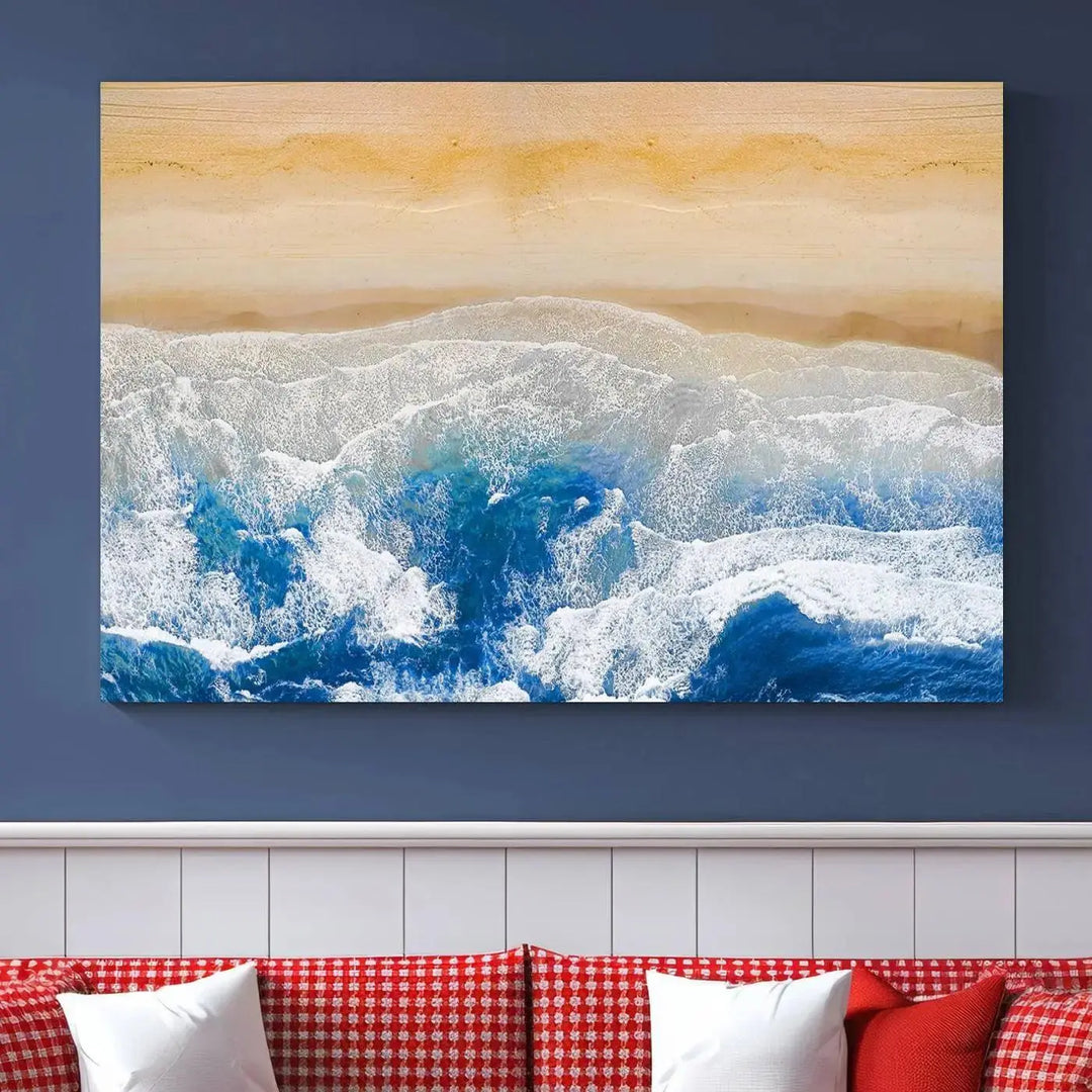 An Aerial Beach Canvas Wall Art Print, an exquisite display on museum-quality canvases, graces the dark wall. This ready-to-hang piece adds a touch of elegance and style to the space.