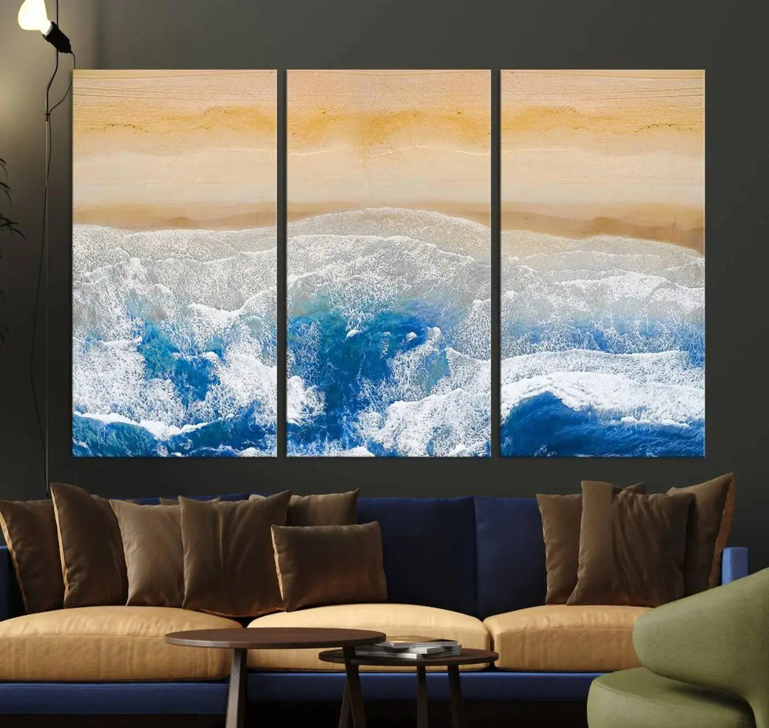 An Aerial Beach Canvas Wall Art Print, an exquisite display on museum-quality canvases, graces the dark wall. This ready-to-hang piece adds a touch of elegance and style to the space.