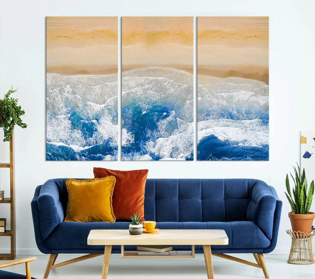 An Aerial Beach Canvas Wall Art Print, an exquisite display on museum-quality canvases, graces the dark wall. This ready-to-hang piece adds a touch of elegance and style to the space.