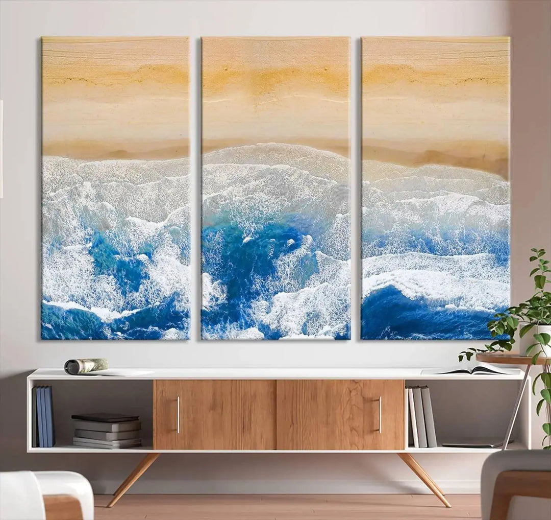 An Aerial Beach Canvas Wall Art Print, an exquisite display on museum-quality canvases, graces the dark wall. This ready-to-hang piece adds a touch of elegance and style to the space.