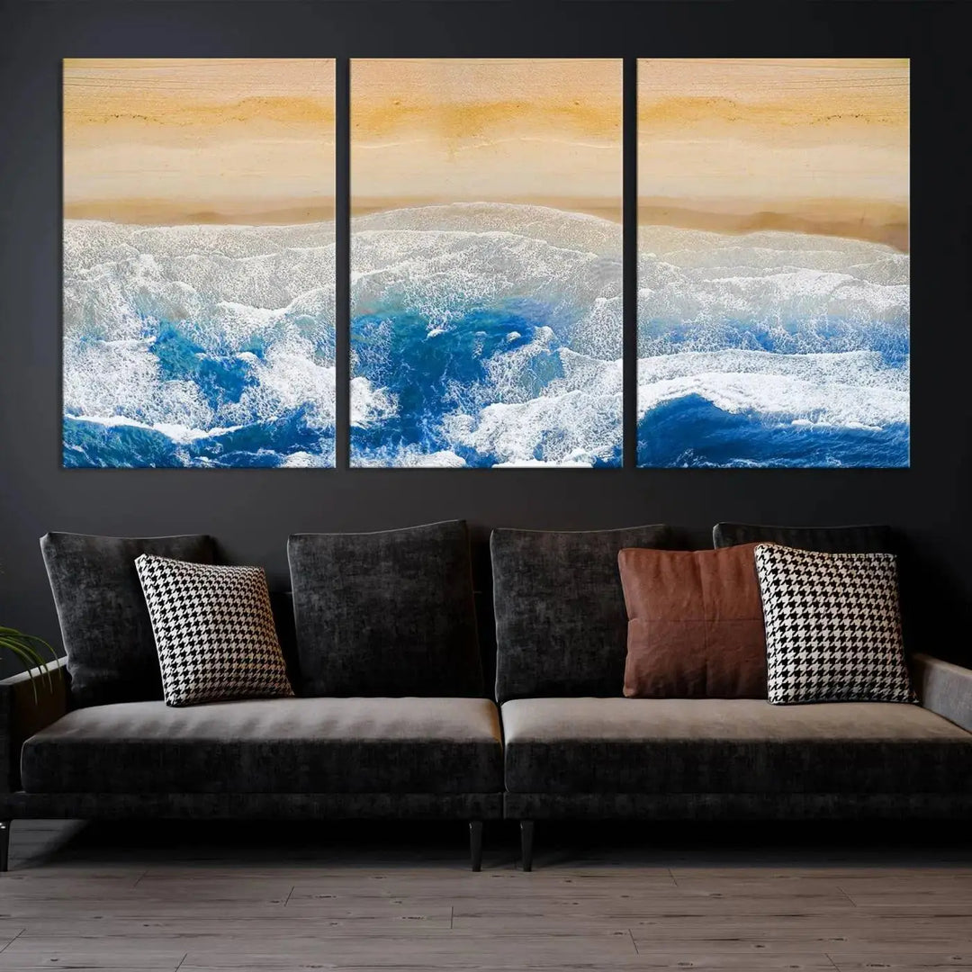 An Aerial Beach Canvas Wall Art Print, an exquisite display on museum-quality canvases, graces the dark wall. This ready-to-hang piece adds a touch of elegance and style to the space.