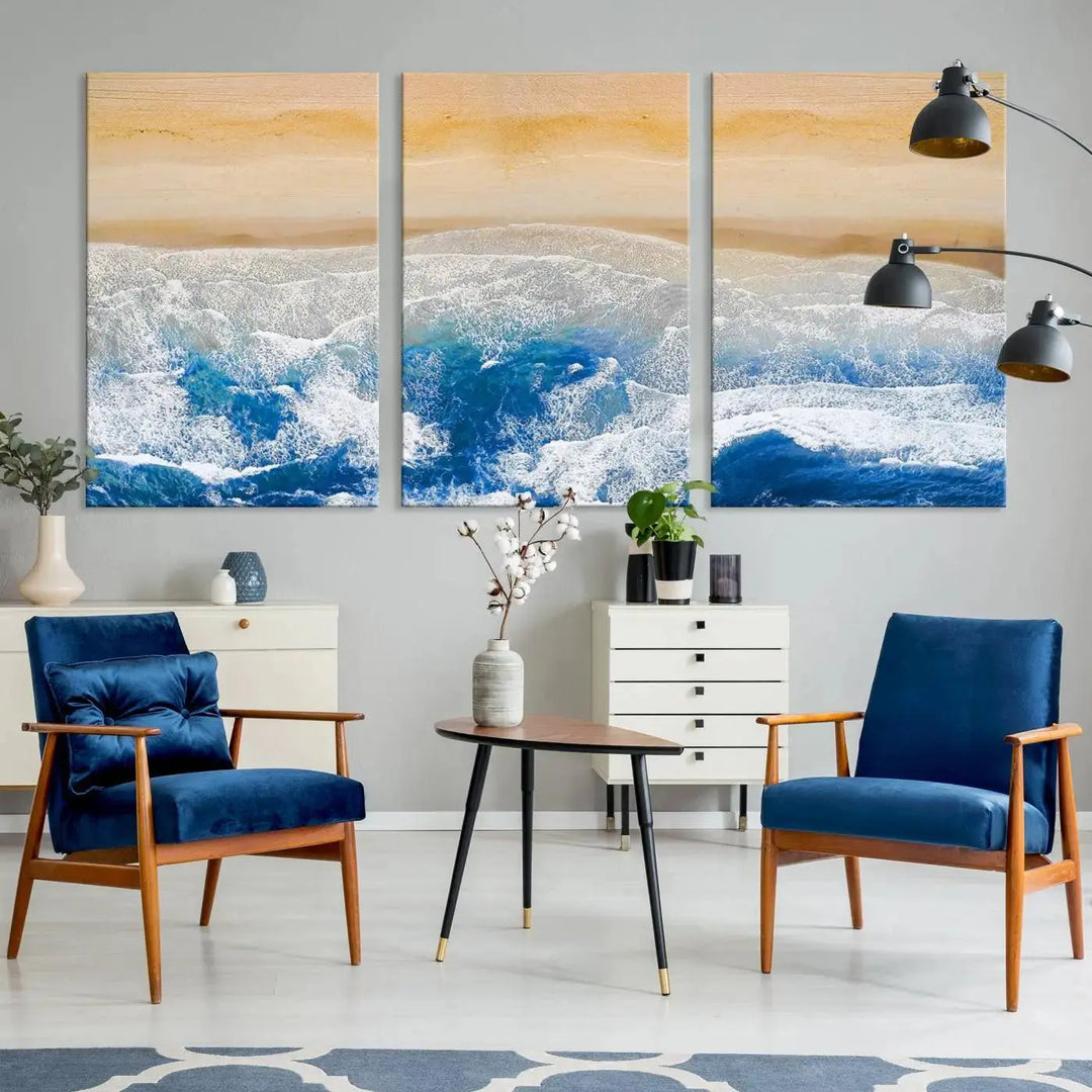 An Aerial Beach Canvas Wall Art Print, an exquisite display on museum-quality canvases, graces the dark wall. This ready-to-hang piece adds a touch of elegance and style to the space.