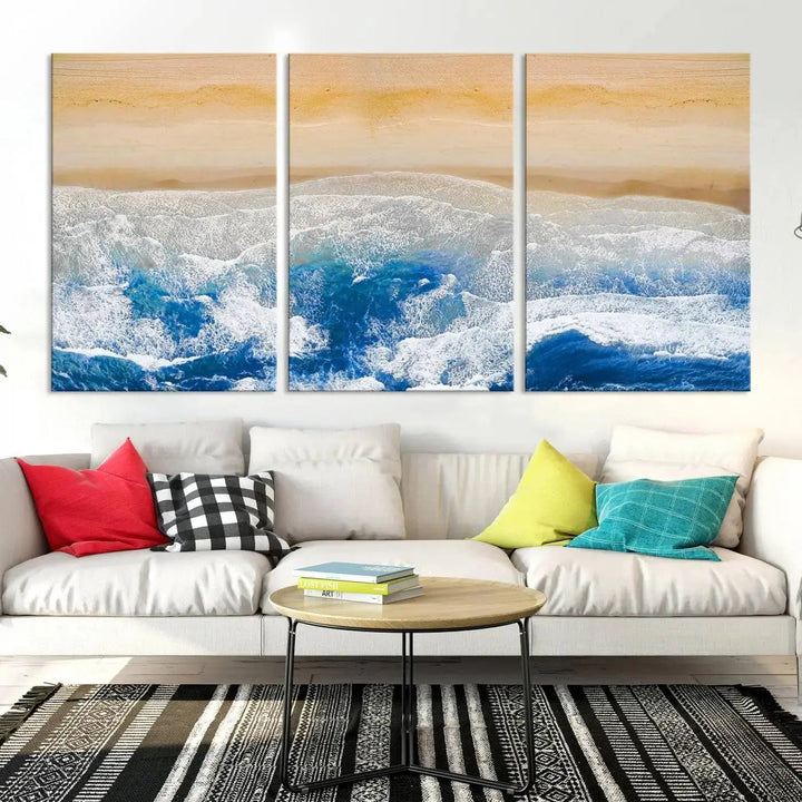 An Aerial Beach Canvas Wall Art Print, an exquisite display on museum-quality canvases, graces the dark wall. This ready-to-hang piece adds a touch of elegance and style to the space.