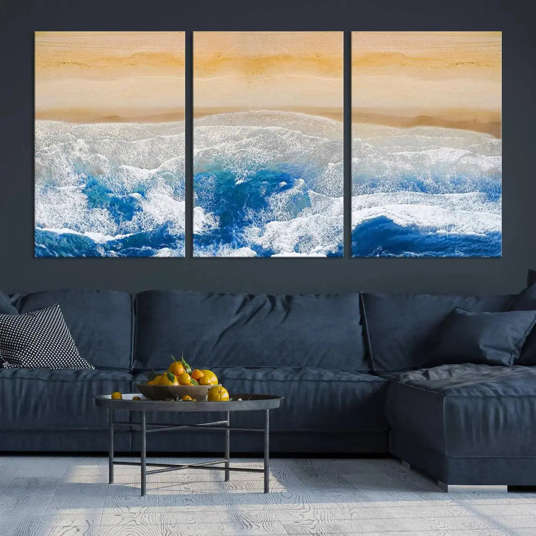 An Aerial Beach Canvas Wall Art Print, an exquisite display on museum-quality canvases, graces the dark wall. This ready-to-hang piece adds a touch of elegance and style to the space.