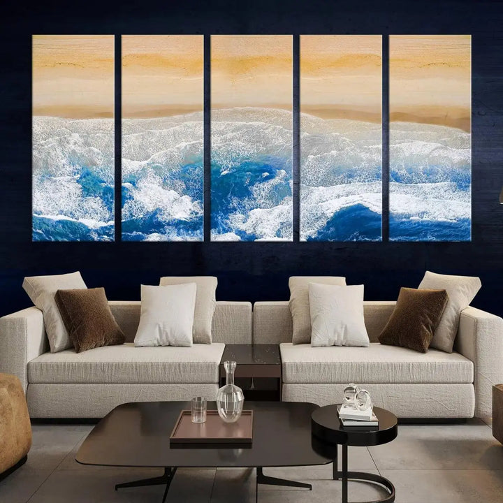 An Aerial Beach Canvas Wall Art Print, an exquisite display on museum-quality canvases, graces the dark wall. This ready-to-hang piece adds a touch of elegance and style to the space.