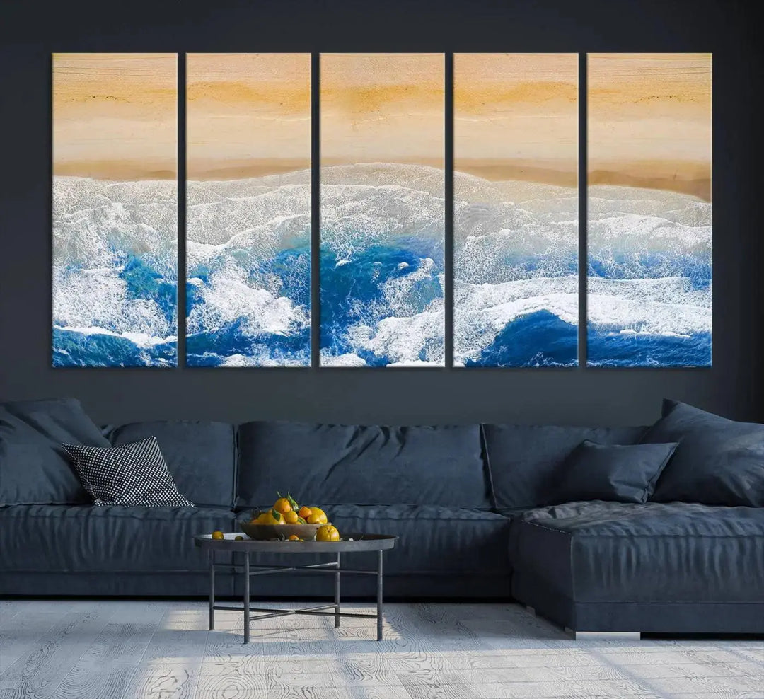 An Aerial Beach Canvas Wall Art Print, an exquisite display on museum-quality canvases, graces the dark wall. This ready-to-hang piece adds a touch of elegance and style to the space.