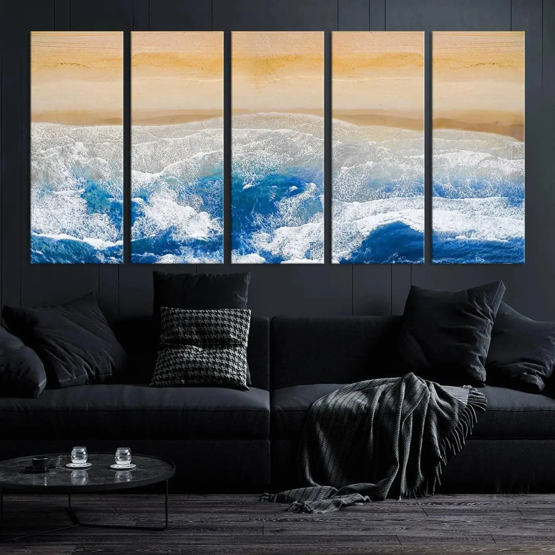 An Aerial Beach Canvas Wall Art Print, an exquisite display on museum-quality canvases, graces the dark wall. This ready-to-hang piece adds a touch of elegance and style to the space.