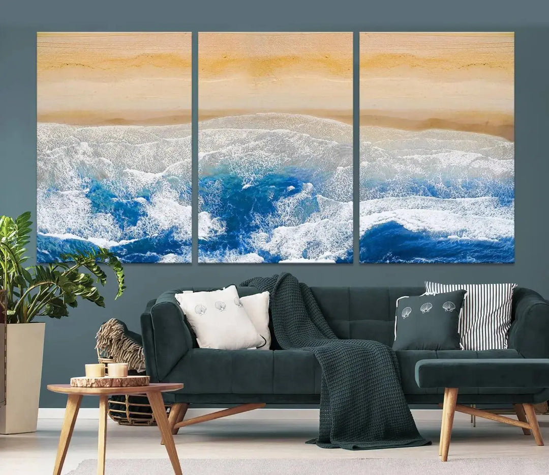 An Aerial Beach Canvas Wall Art Print, an exquisite display on museum-quality canvases, graces the dark wall. This ready-to-hang piece adds a touch of elegance and style to the space.