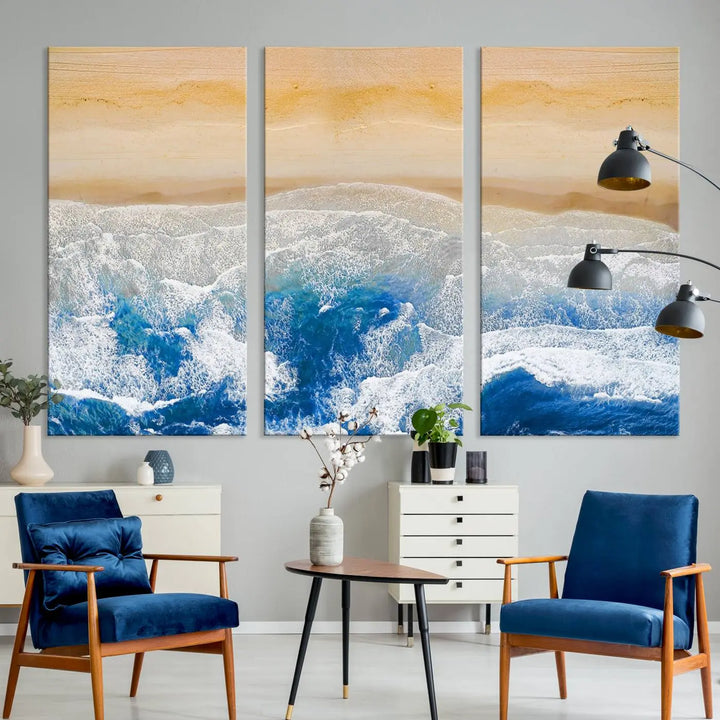 An Aerial Beach Canvas Wall Art Print, an exquisite display on museum-quality canvases, graces the dark wall. This ready-to-hang piece adds a touch of elegance and style to the space.