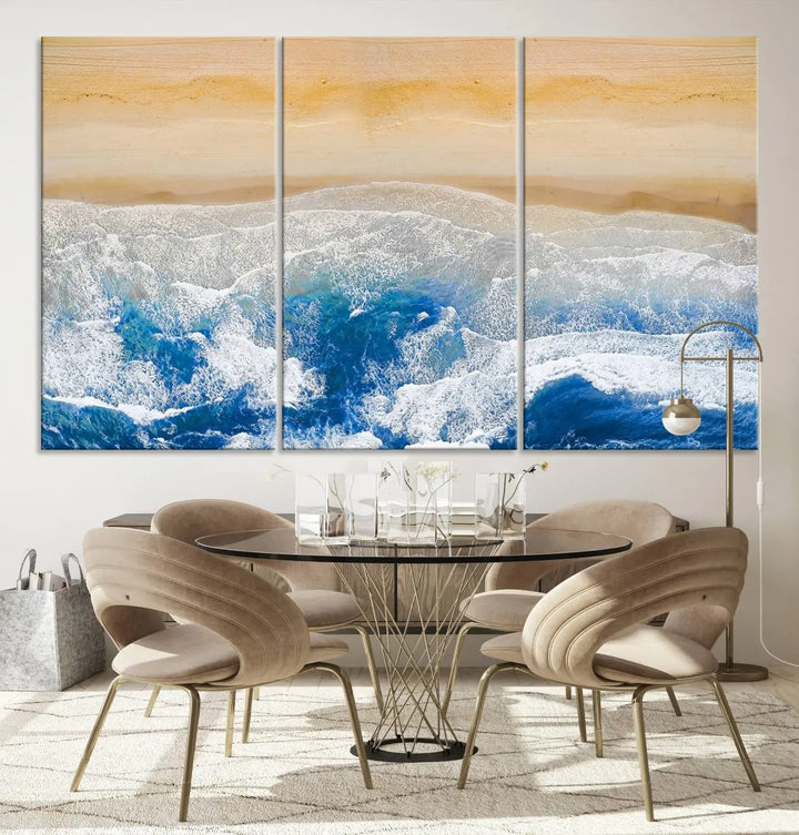 An Aerial Beach Canvas Wall Art Print, an exquisite display on museum-quality canvases, graces the dark wall. This ready-to-hang piece adds a touch of elegance and style to the space.