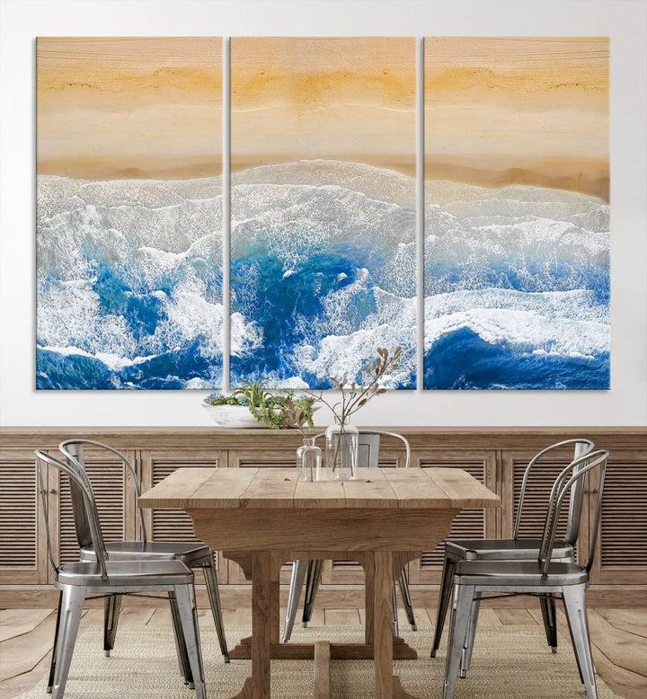 An Aerial Beach Canvas Wall Art Print, an exquisite display on museum-quality canvases, graces the dark wall. This ready-to-hang piece adds a touch of elegance and style to the space.