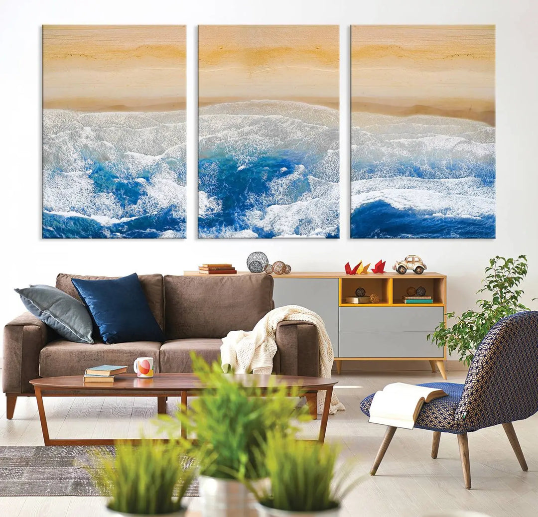 An Aerial Beach Canvas Wall Art Print, an exquisite display on museum-quality canvases, graces the dark wall. This ready-to-hang piece adds a touch of elegance and style to the space.