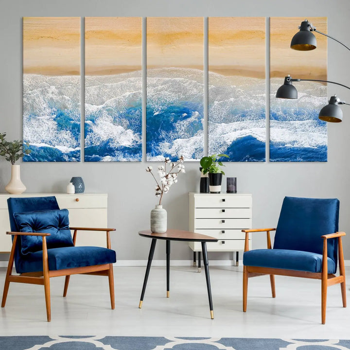 An Aerial Beach Canvas Wall Art Print, an exquisite display on museum-quality canvases, graces the dark wall. This ready-to-hang piece adds a touch of elegance and style to the space.