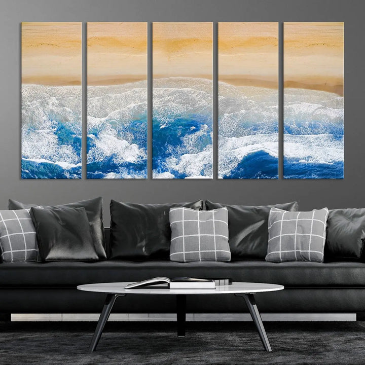 An Aerial Beach Canvas Wall Art Print, an exquisite display on museum-quality canvases, graces the dark wall. This ready-to-hang piece adds a touch of elegance and style to the space.