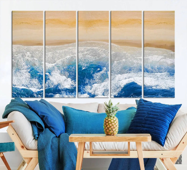 An Aerial Beach Canvas Wall Art Print, an exquisite display on museum-quality canvases, graces the dark wall. This ready-to-hang piece adds a touch of elegance and style to the space.