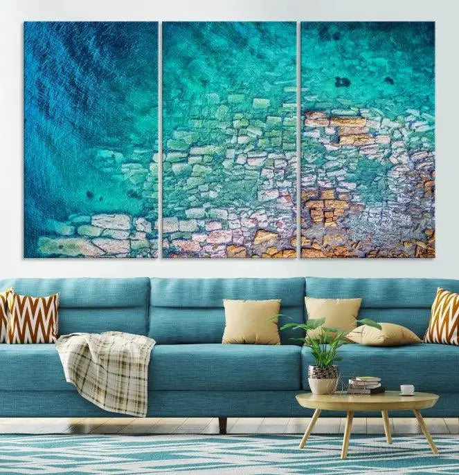 Experience the vibrant details of the Aerial Beach Wall Art Canvas Print, showcasing a triptych of an aerial coastal view with turquoise waters. This museum-quality canvas comes with free shipping directly to your door.