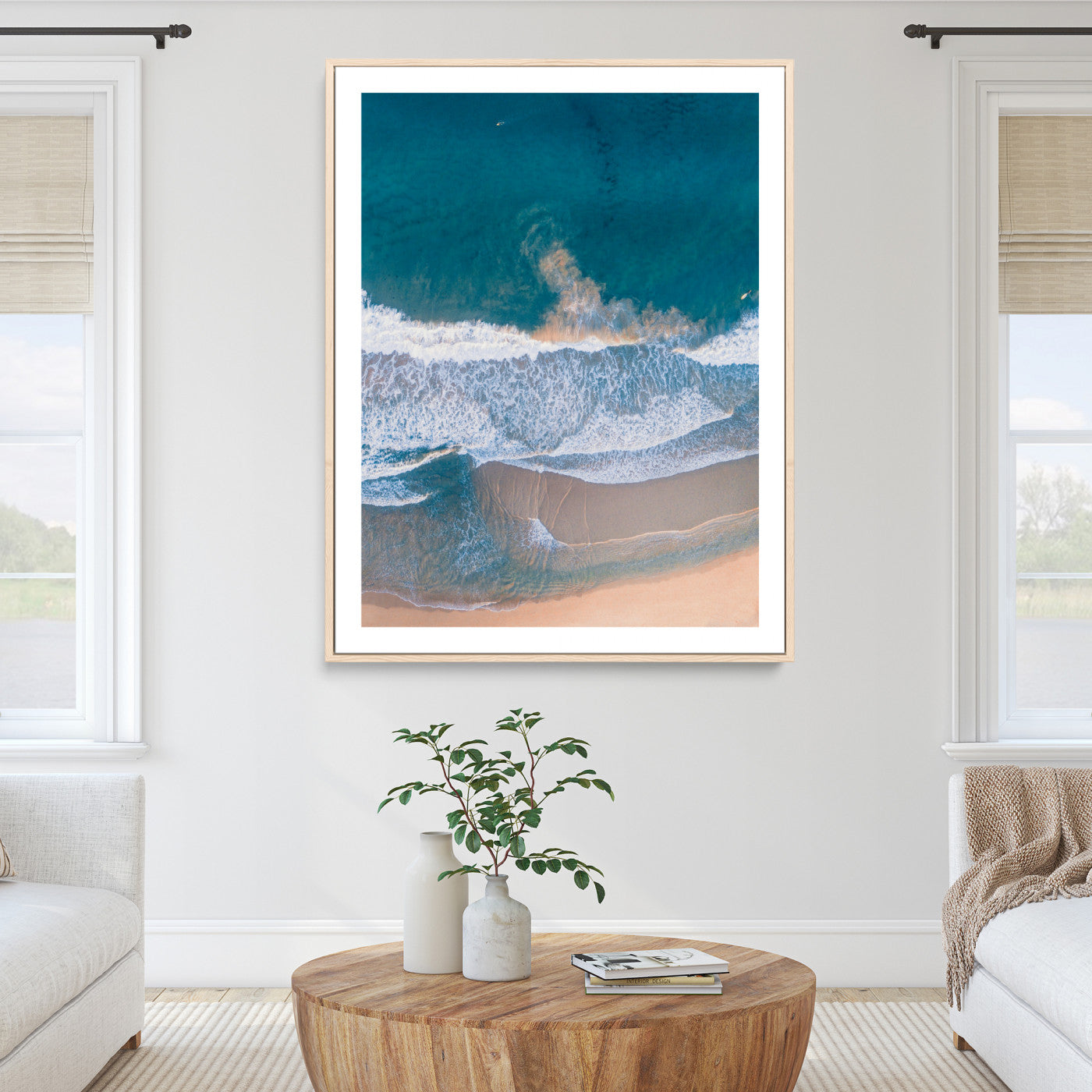 97740681-MGC-FP-36x24_Natural-Aerial Beach Wall Art Canvas Print, Ocean Waves Print, Framed Coastal Serenity Art Print, Large Sandy Shoreline Printing Coastal