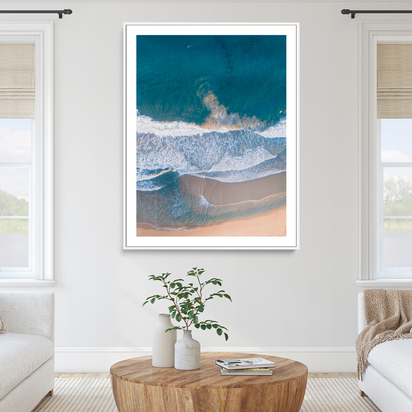 Aerial Beach Wall Art Canvas Print, Ocean Waves Print, Framed Coastal Serenity Art Print, Large Sandy Shoreline Printing Coastal