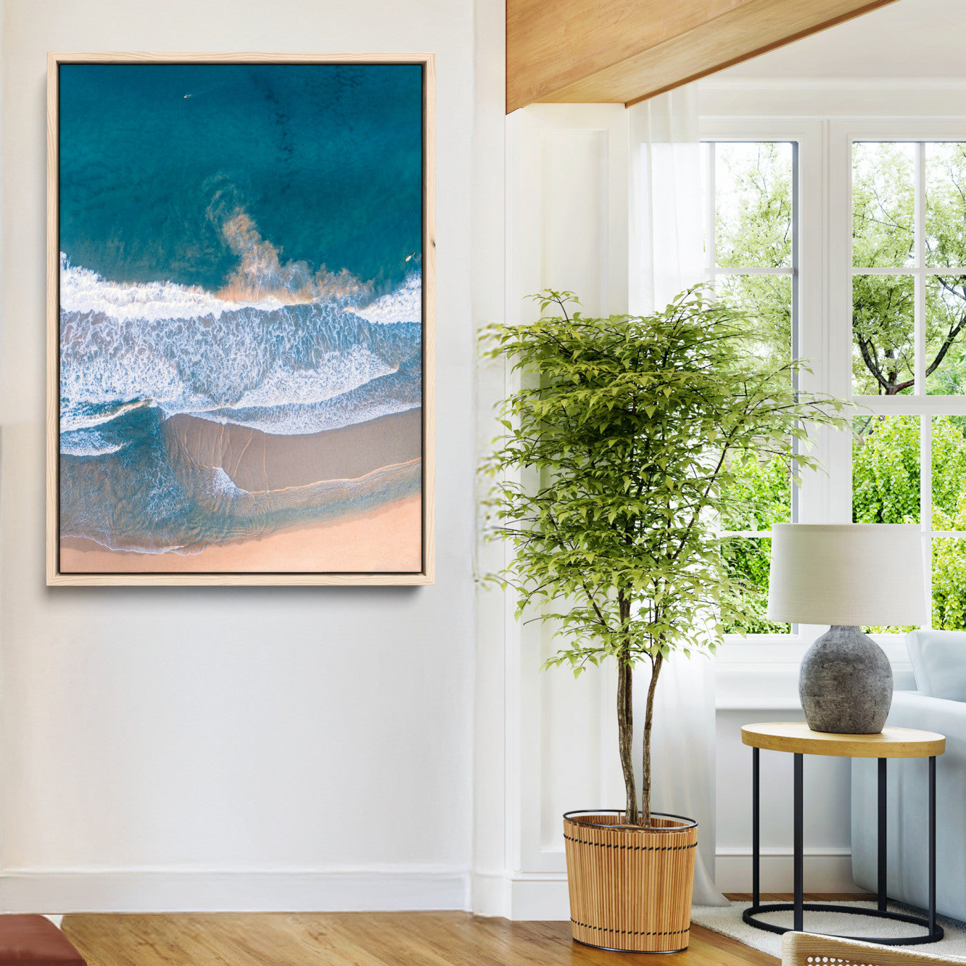 Aerial Beach Wall Art Canvas Print, Ocean Waves Print, Framed Coastal Serenity Art Print, Large Sandy Shoreline Printing Coastal