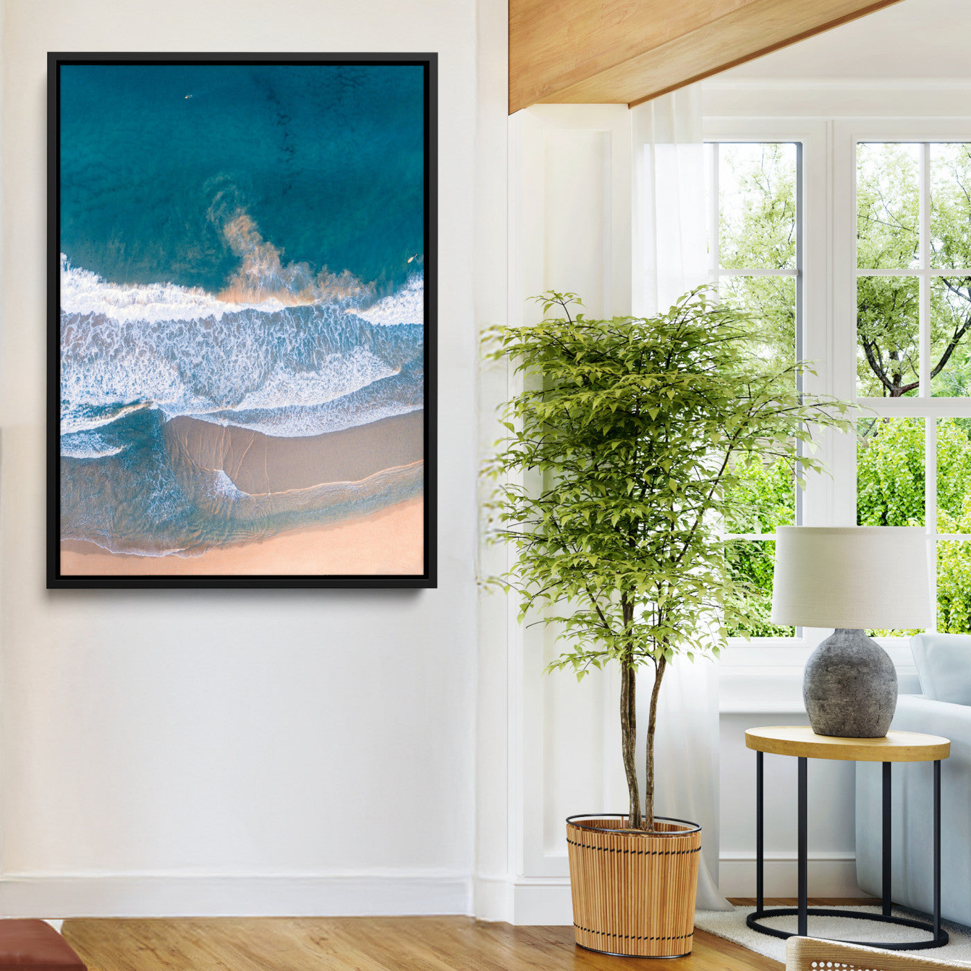 Aerial Beach Wall Art Canvas Print, Ocean Waves Print, Framed Coastal Serenity Art Print, Large Sandy Shoreline Printing Coastal