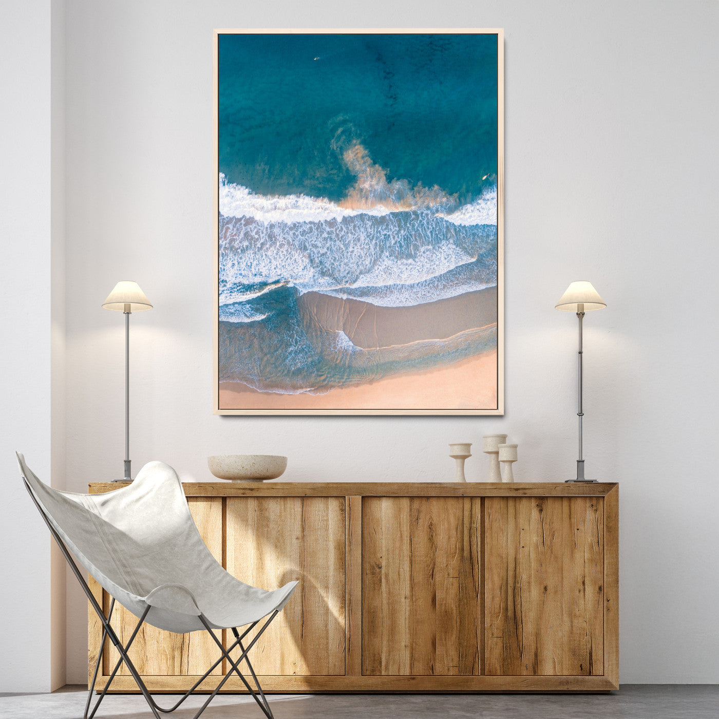 Aerial Beach Wall Art Canvas Print, Ocean Waves Print, Framed Coastal Serenity Art Print, Large Sandy Shoreline Printing Coastal