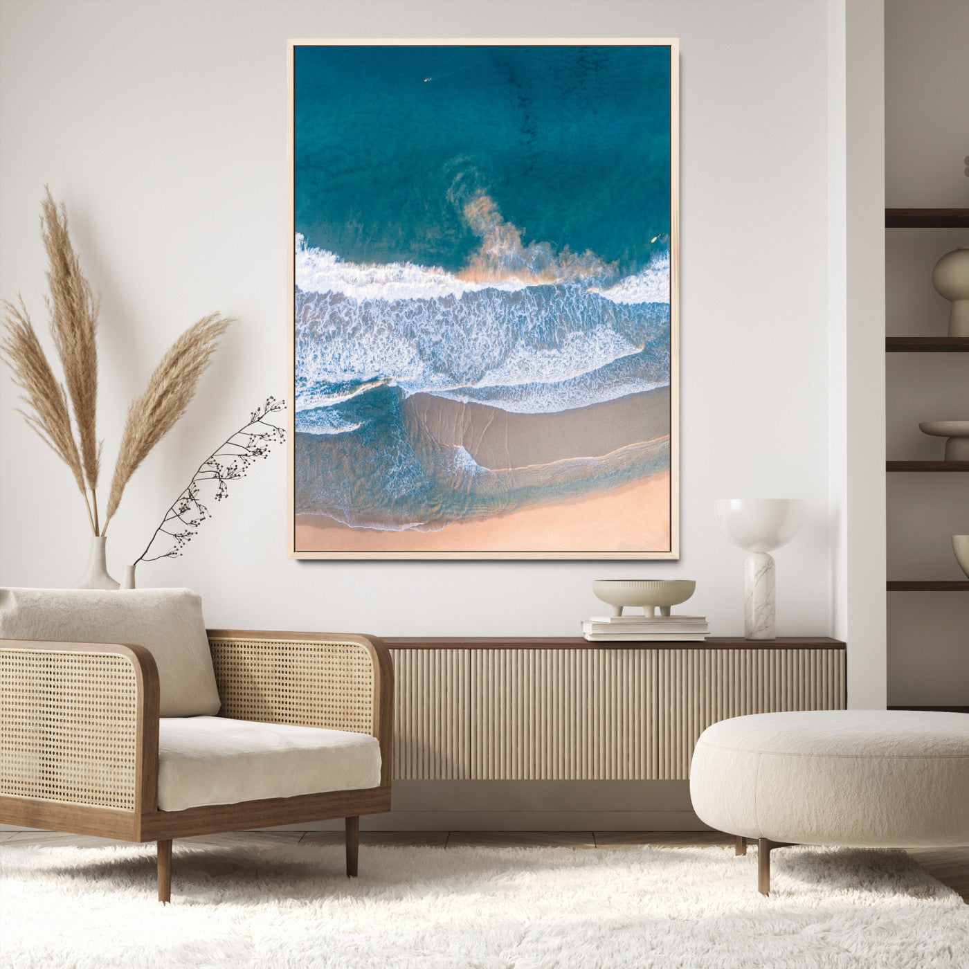 Aerial Beach Wall Art Canvas Print, Ocean Waves Print, Framed Coastal Serenity Art Print, Large Sandy Shoreline Printing Coastal