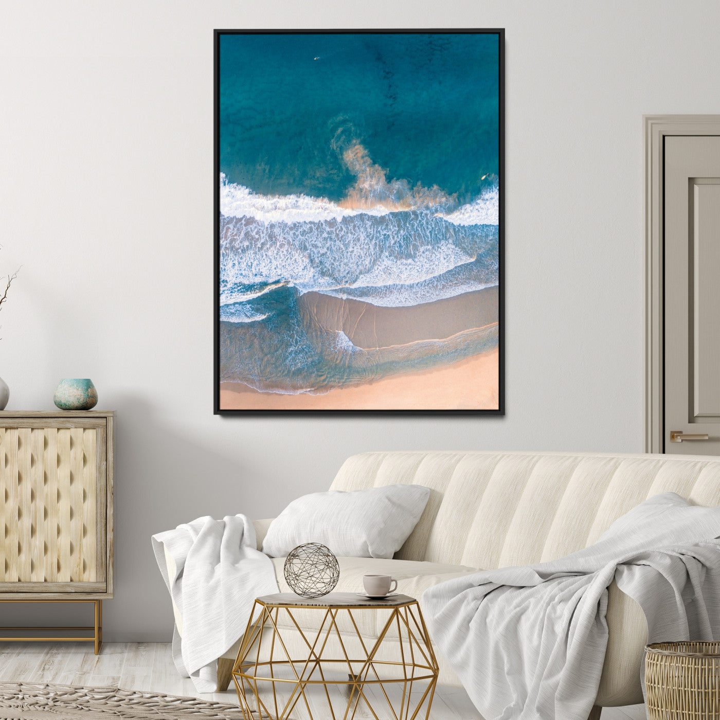 Aerial Beach Wall Art Canvas Print, Ocean Waves Print, Framed Coastal Serenity Art Print, Large Sandy Shoreline Printing Coastal
