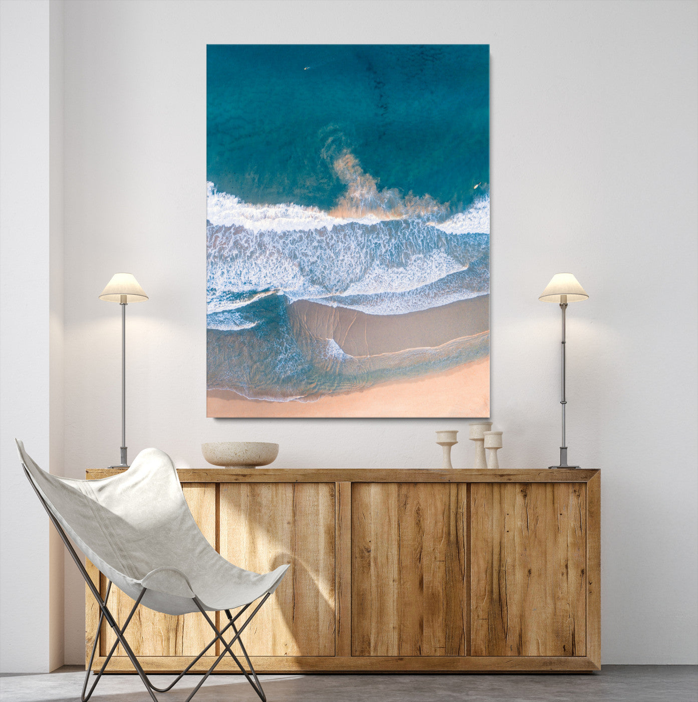Aerial Beach Wall Art Canvas Print, Ocean Waves Print, Framed Coastal Serenity Art Print, Large Sandy Shoreline Printing Coastal