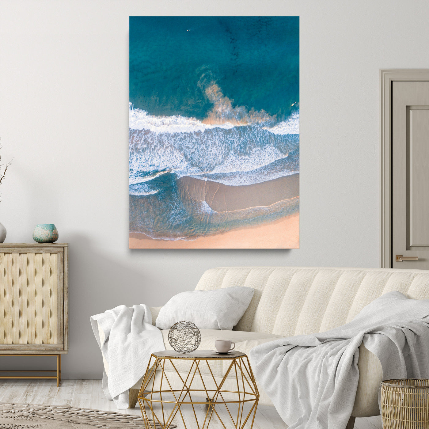 Aerial Beach Wall Art Canvas Print, Ocean Waves Print, Framed Coastal Serenity Art Print, Large Sandy Shoreline Printing Coastal