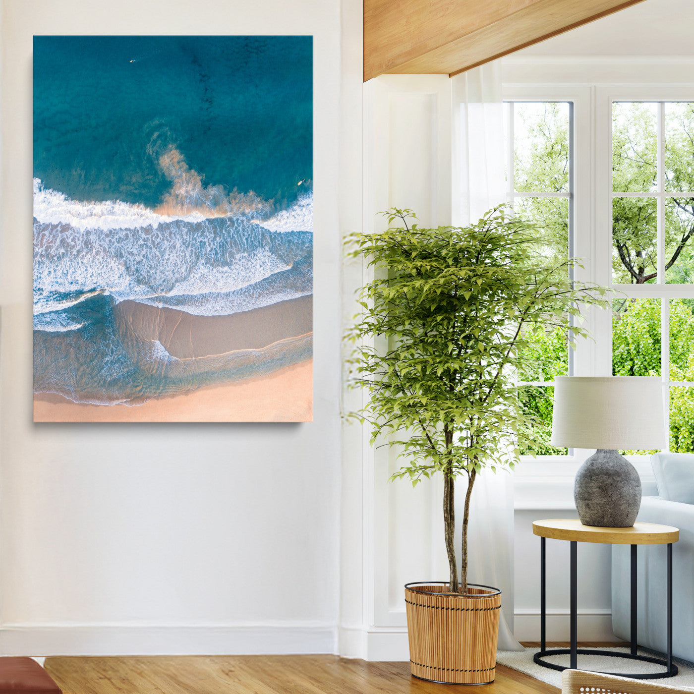 Aerial Beach Wall Art Canvas Print, Ocean Waves Print, Framed Coastal Serenity Art Print, Large Sandy Shoreline Printing Coastal