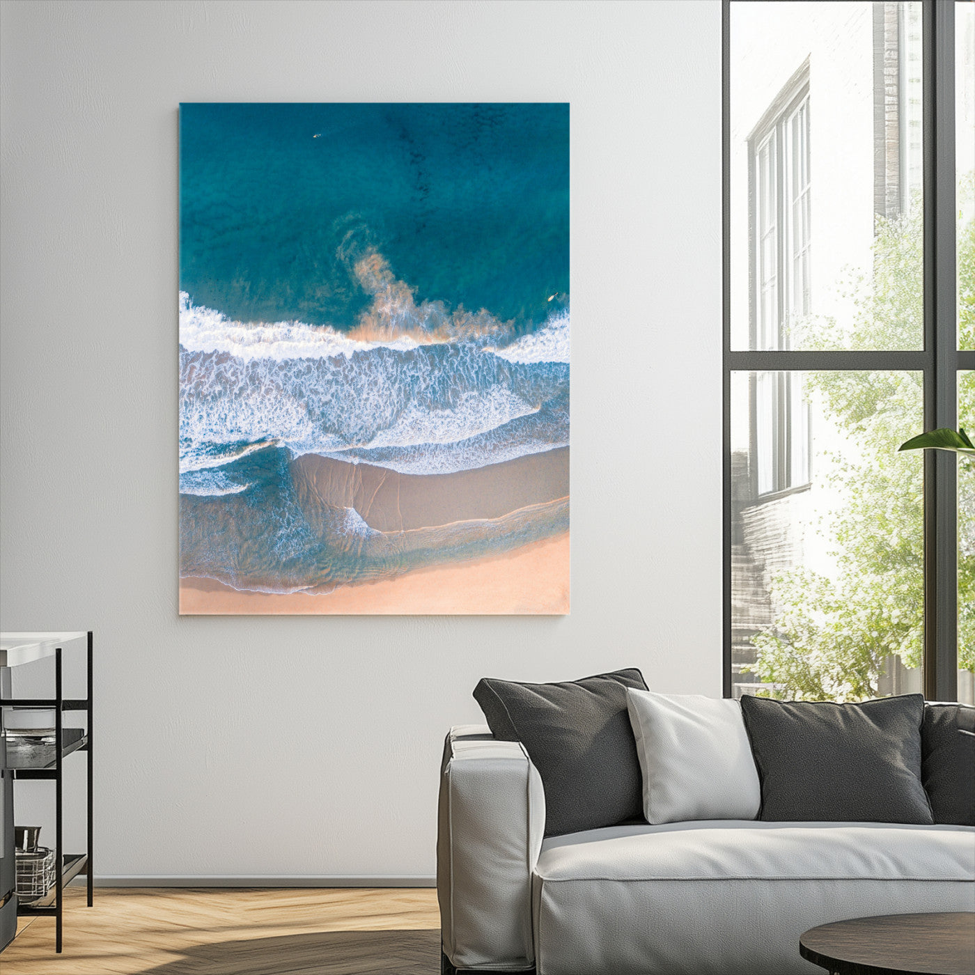 Aerial Beach Wall Art Canvas Print, Ocean Waves Print, Framed Coastal Serenity Art Print, Large Sandy Shoreline Printing Coastal