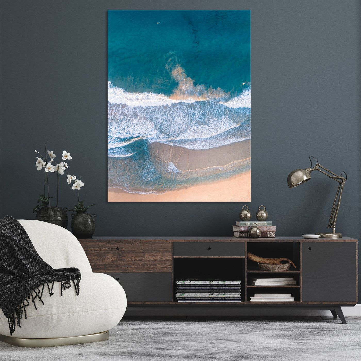 Aerial Beach Wall Art Canvas Print, Ocean Waves Print, Framed Coastal Serenity Art Print, Large Sandy Shoreline Printing Coastal