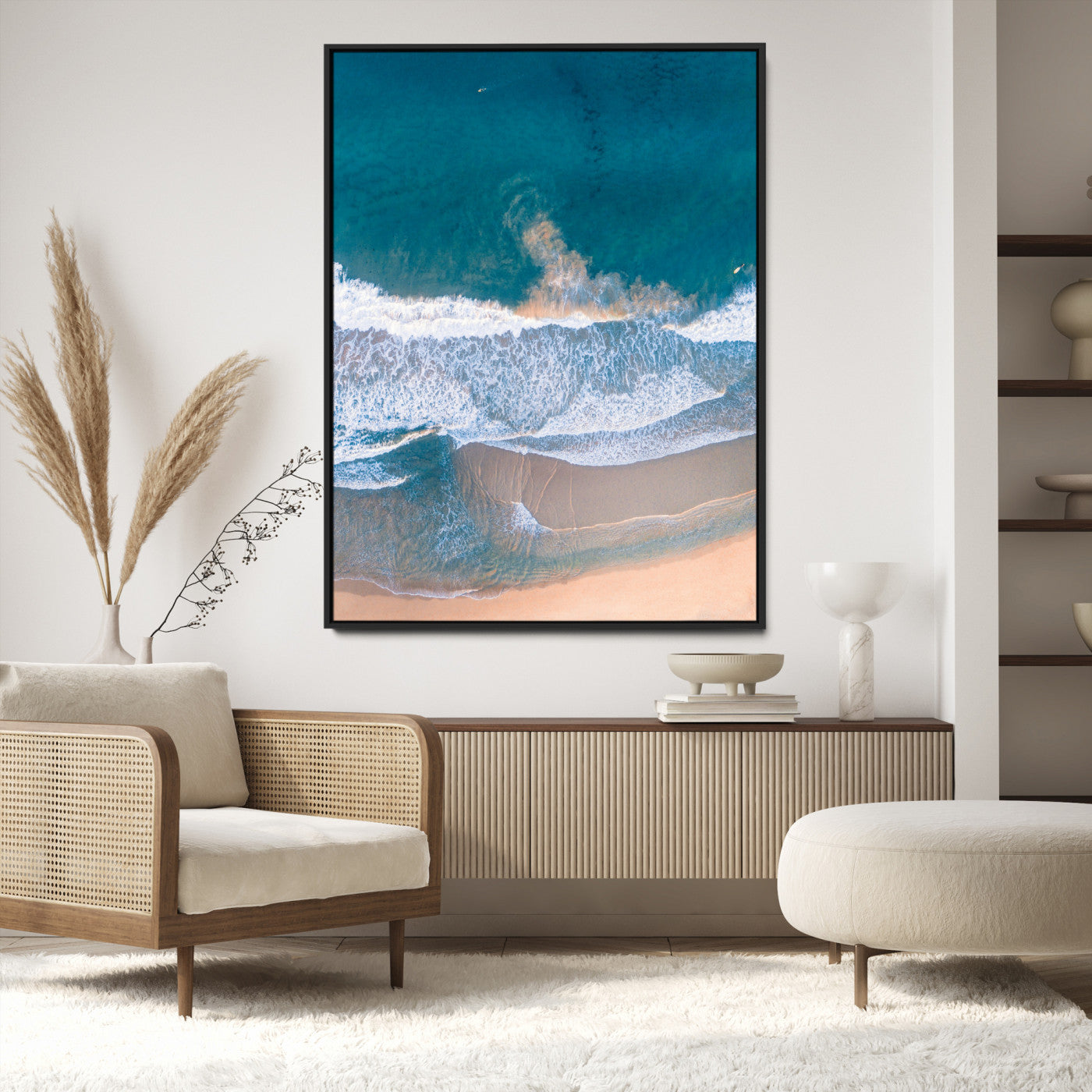 Aerial Beach Wall Art Canvas Print, Ocean Waves Print, Framed Coastal Serenity Art Print, Large Sandy Shoreline Printing Coastal