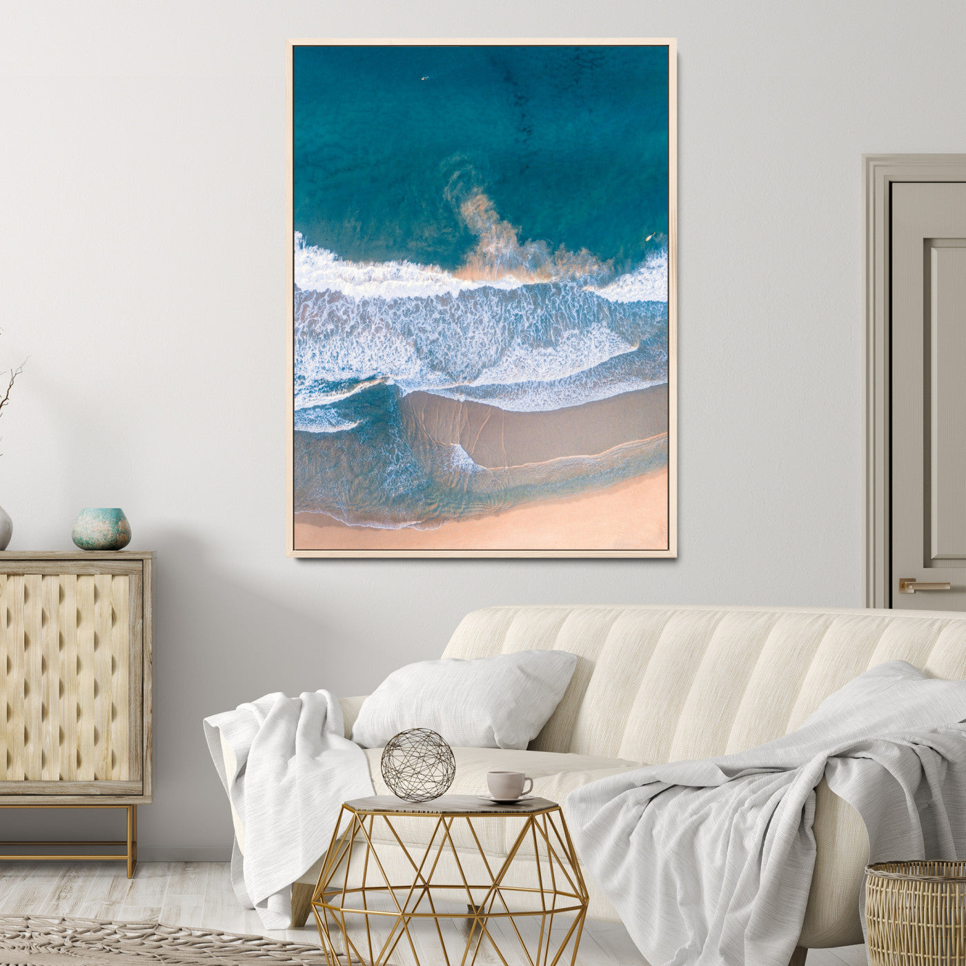 Aerial Beach Wall Art Canvas Print, Ocean Waves Print, Framed Coastal Serenity Art Print, Large Sandy Shoreline Printing Coastal