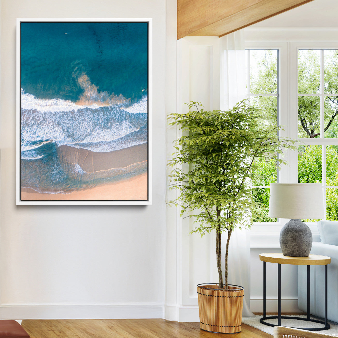 Aerial Beach Wall Art Canvas Print, Ocean Waves Print, Framed Coastal Serenity Art Print, Large Sandy Shoreline Printing Coastal